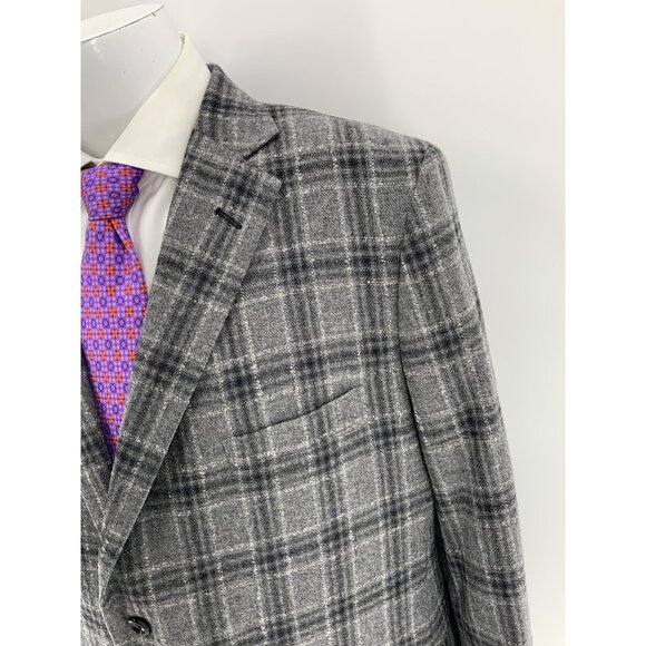 Holland & Sherry Blazer 44S Gray Plaid Wool Cashmere Func Cuffs 2B 2V YGI R4-73 - Picture 3 of 16